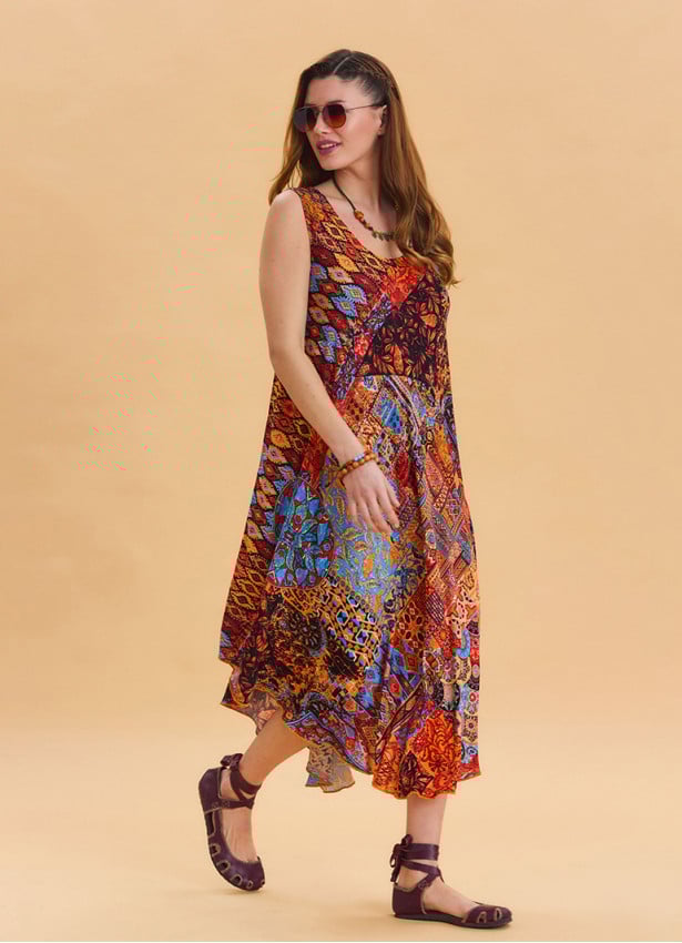 Boat Neck Loose Cut Orange Casual Dress 4665